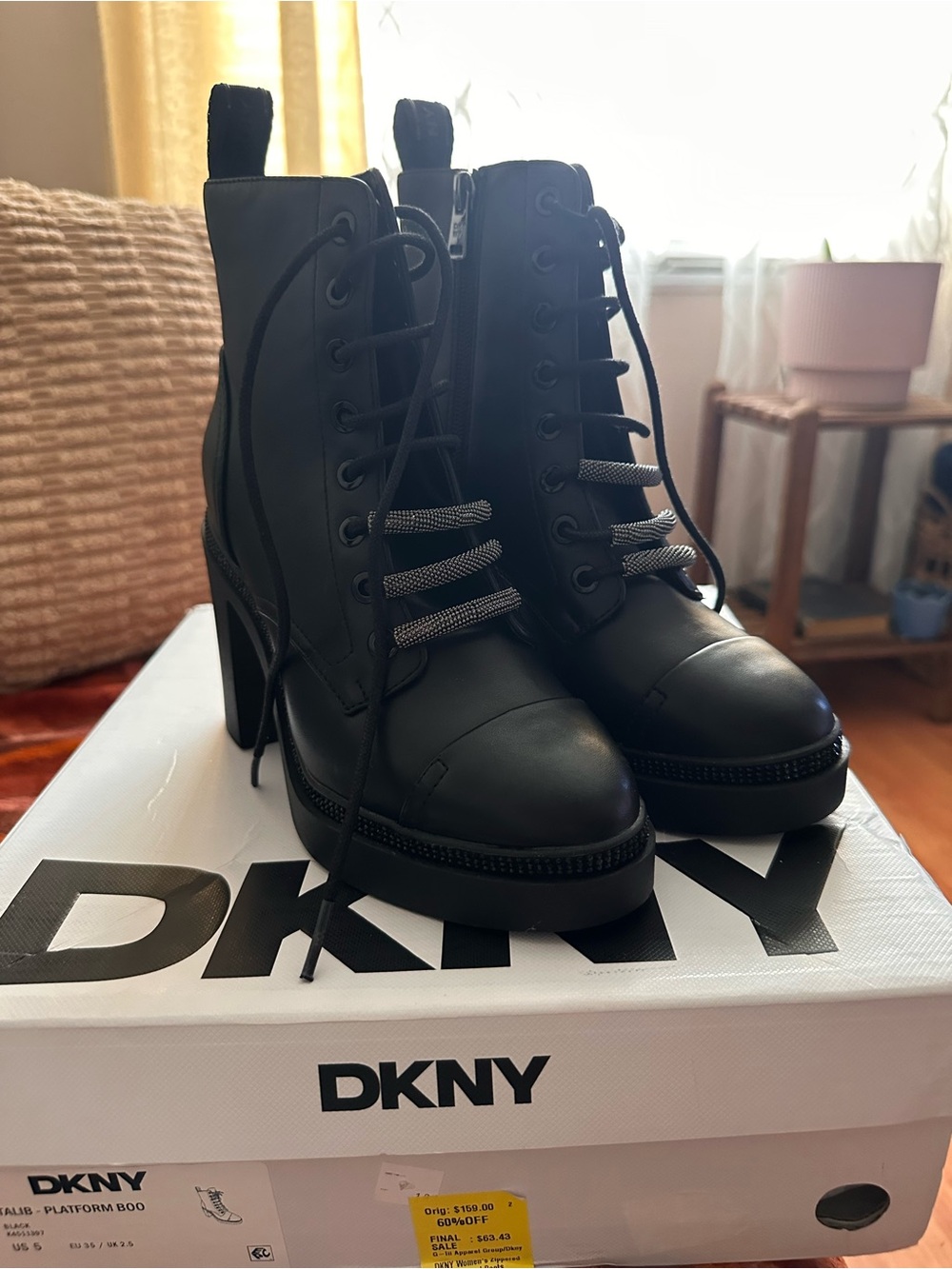 DKNY Black Lace-Up Platform Heeled Ankle Boots